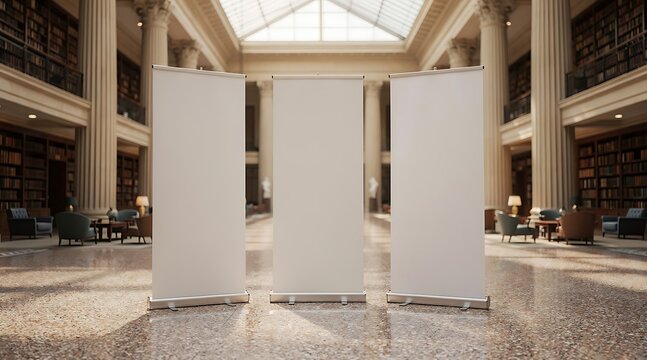 Three blank roll up banner stands in a grand hall with columns and bookshelves.