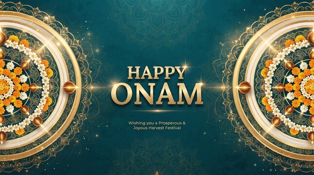Happy Onam sparkling gold tagline horizontal banner template. Harvest Hindu festival celebrated in memory of King Mahabali. Traditional Thiruvathirakali dance white and gold sari and mandala ... See M