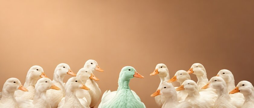 Duck, unique and leadership concept with group standing out for marketing, advertising and business strategy. Individuality, brand and different with recruitment, success and identity in a crowd