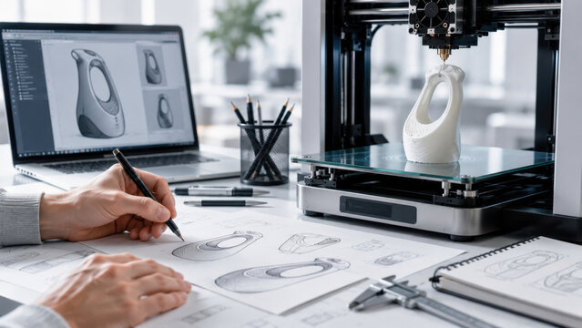 Product Designer Creating Prototype with 3D Printer and CAD Modeling Software in Modern Workshop