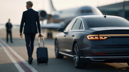 Fototapeta premium Business traveler arriving at private jet with suitcase and luxury car on airport tarmac