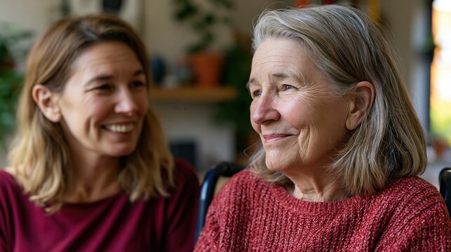 Healthcare professional engaging warmly with senior woman in wheelchair at home