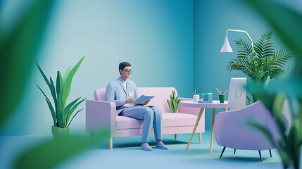 Fototapeta premium Professional Man Sitting on a Pink Sofa in a Modern Pastel Office Workspace Surrounded by Lush Green Indoor Plants