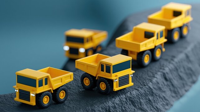 Yellow mining haul trucks on terraced quarry road with graphite ground