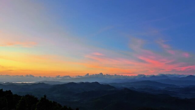 A sweeping panoramic view of densely forested mountains stretching to the horizon under a clear blue sky with soft sunlight. Beautiful natural scenery, ideal for nature, conservation, ecotourism. 4K