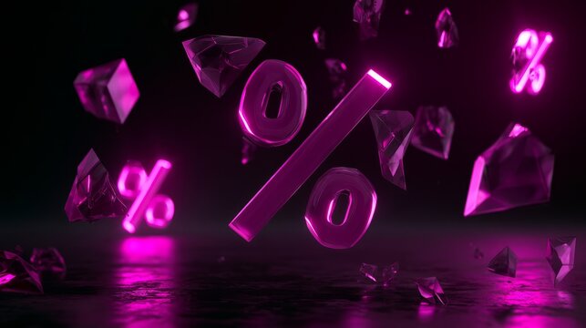 Floating Glass Percent Symbols on Neon Black Background