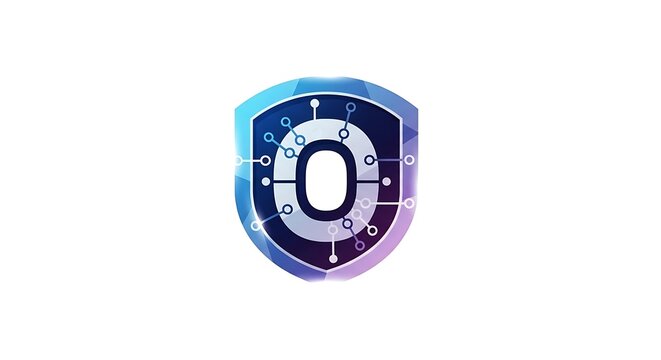 Blue Digital Shield Icon with Circuit Pattern on White Background
