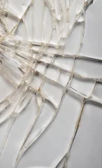 Close-up texture of broken cracked glass on white background, shattered window macro detail © Nikolay N. Antonov