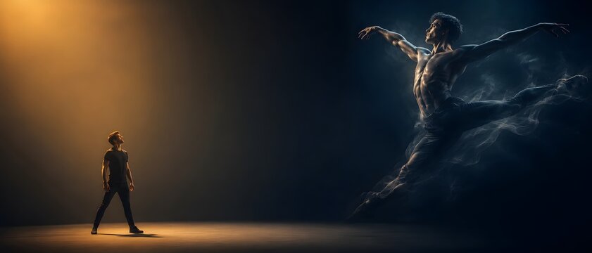 Male ballet dancer, performer and athlete on stage with dramatic lighting for performance, theater and art. Man, spectator and giant shadow with motion, energy and power for creative marketing