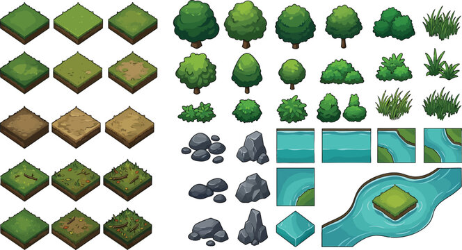 Isometric game environment assets with terrain tiles trees rocks and water elements for digital map design