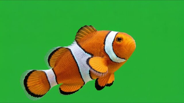 Realistic clownfish swimming with natural fin movement on green screen isolated for marine wildlife and compositing projects