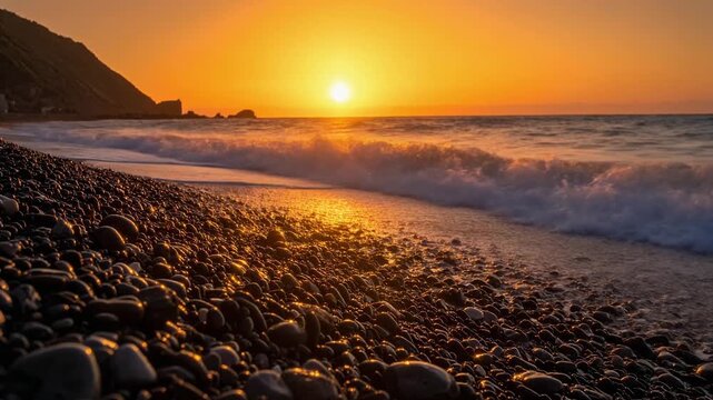 Wet pebbles golden sunset light dancing waves rolling rhythmic across peaceful shoreline view