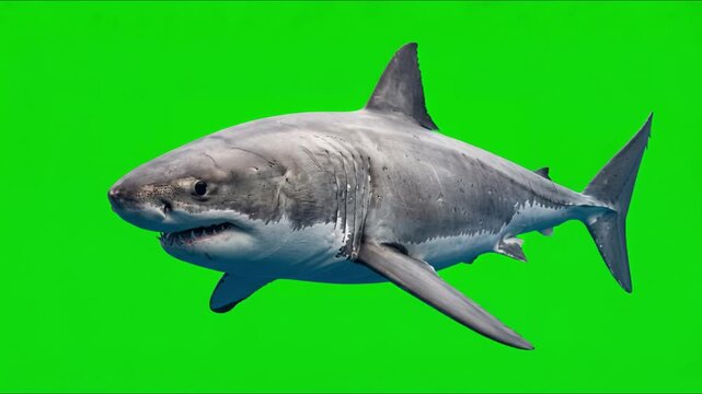 Realistic great white shark swimming with powerful natural motion on green screen isolated for marine wildlife and VFX compositing