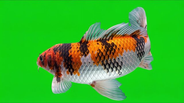Realistic koi fish gracefully swimming with elegant turning motion on green screen isolated for aquatic wildlife and VFX compositing