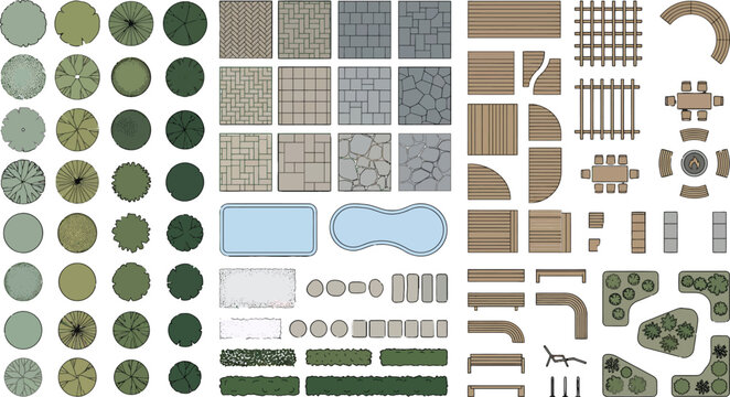Landscape architecture top view elements set with trees paving swimming pools and outdoor furniture vector illustration
