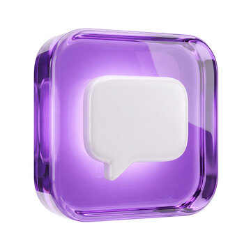 3D chat message icon on glossy purple app button illustration