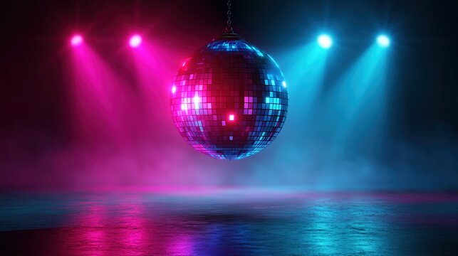 Disco ball centered above empty dance floor with magenta and blue spotlights