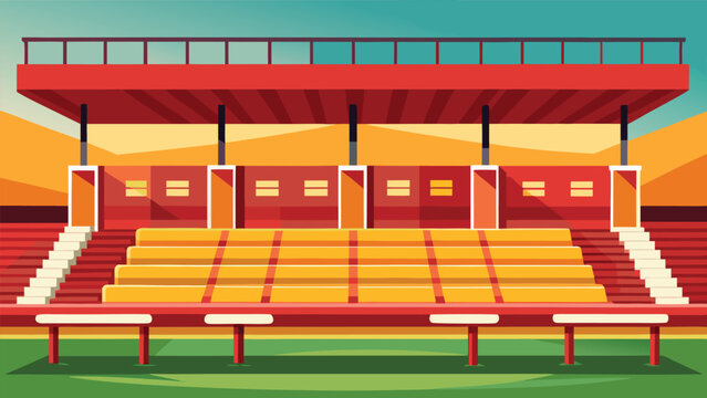 Empty stadium seating area with red and yellow benches bleachers competition athletics illustration background perspective facility professional stadiums landscape structure construction