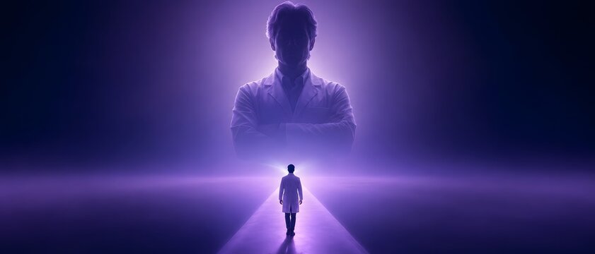 Doctor, medical professional and health vision with path, future and breakthrough in science for healthcare, hospital and clinic. Scientist, laboratory and research with innovation, leadership and me
