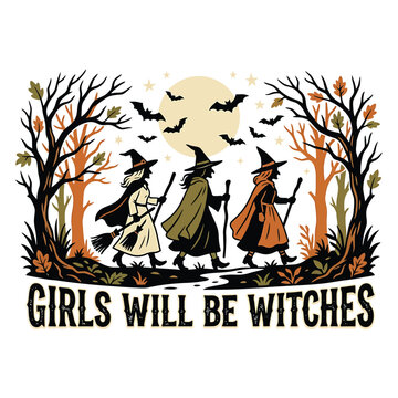 Halloween vector illustration three witches flying on broomsticks with spooky forest and moon background