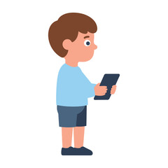 Boy standing and holding tablet device in hand looking at screen