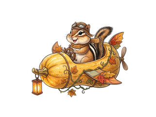 Fototapeta premium Cute chipmunk flying in a whimsical pumpkin plane cartoon illustration