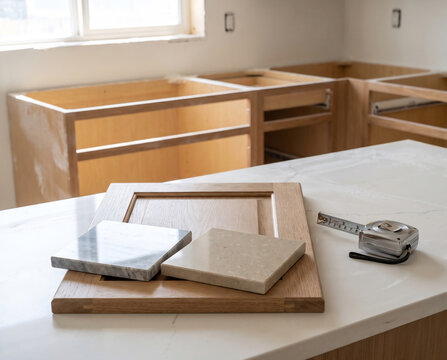 Stone countertop swatches arranged side-by-side against cabinet finish sample in kitchen renovation