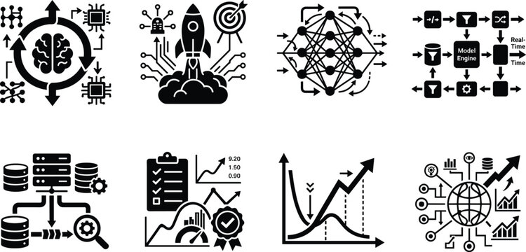Artificial intelligence machine learning and big data analytics vector icon set with neural network workflow concepts