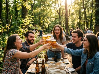 Fototapeta premium Happy friends toasting with beer glasses at an outdoor table in a sunny summer forest park during a festive picnic celebration