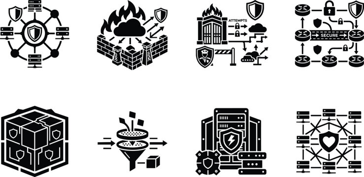 Network security and database firewall vector icon set representing cloud protection infrastructure concepts