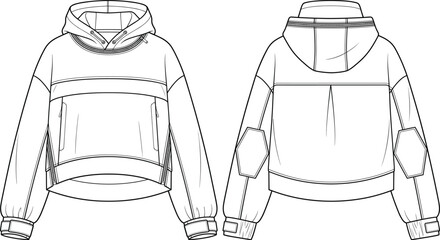 Technical anorak pullover hoodie fashion flat sketch kangaroo pocket template front back view vector illustration © Lakhi