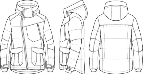 Technical asymmetrical zipper puffer jacket fashion flat sketch multi view quilted coat template front side back view vector illustration © Lakhi
