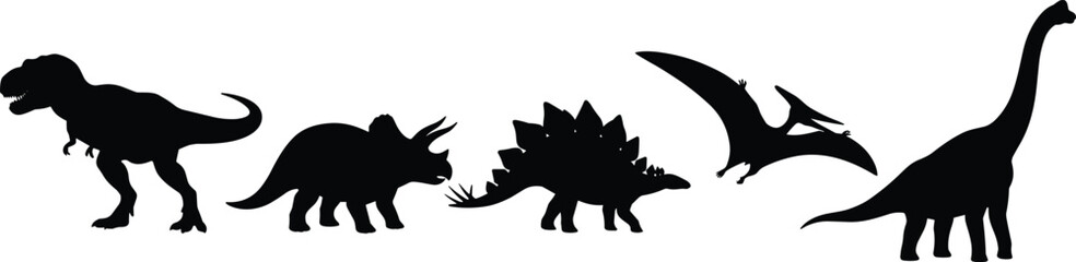 Professional Black Dinosaur Silhouette Vector Collection Featuring T-Rex Triceratops and Brachiosaurus for Design © Sreekhamol