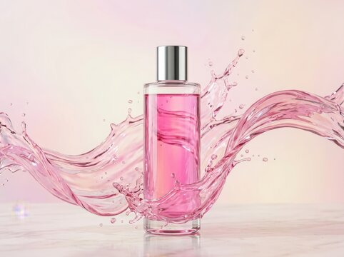 Glass perfume bottle with pink liquid and dynamic splashing water effect for beauty and cosmetic product advertising presentation