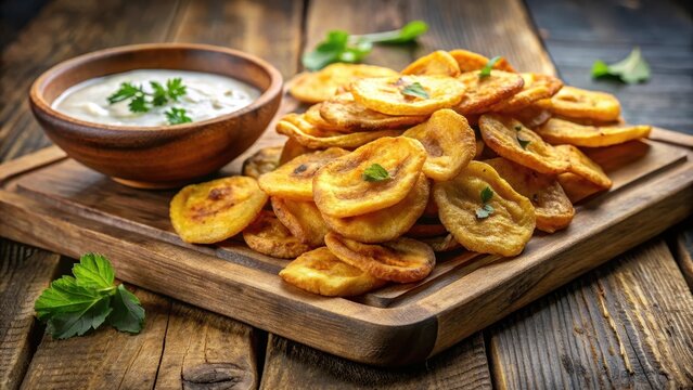 Crispy fried banana chips with dip on wooden board