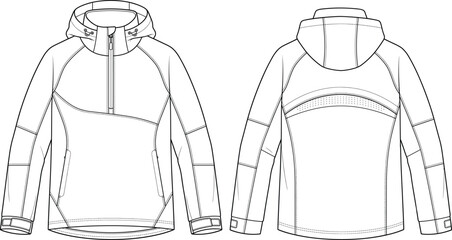 Technical half zip hooded windbreaker jacket fashion flat sketch panelled raincoat template front back view vector illustration © Lakhi