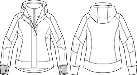 Technical hooded windbreaker jacket fashion flat sketch zipper storm flap template front back view vector illustration © Lakhi