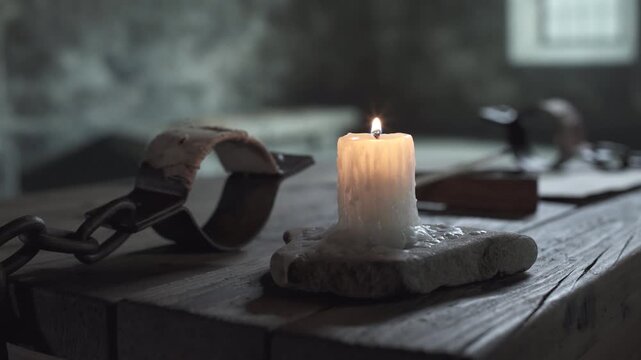 Quill pen, wooden inkwell, parchment, penknife and rusty shackles with chains near a burning candle on a stone stand, on a table inside a medieval dungeon, camera tracking shot