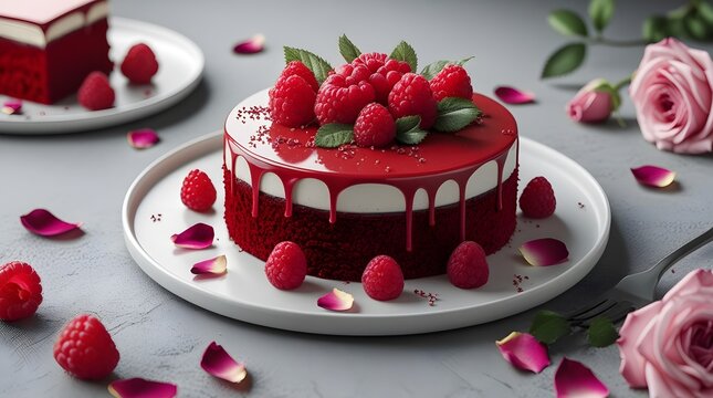 Dessert red velvet in contemporary style with raspberry and petals roses. Romantic cake - red velvet for st. valentine's day, wedding. Luxury pastry on white plate concept. Restaurant luxury dessert.