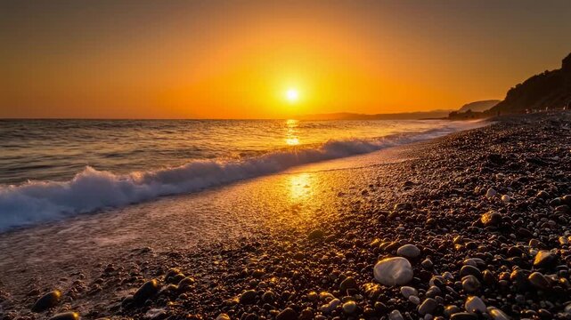 Golden light rhythmic waves wet pebbles sunset loop dancing across beautiful ocean view