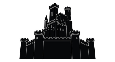 Medieval castle silhouette against a white background detailed outline illustration © juniper Lio