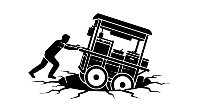 Man Pushing Cart Stuck in Cracked Ground.