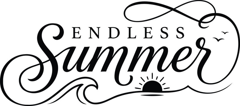 Endless Summer Typography with Ocean Wave, Sunset and Hand Lettering Beach Quote Vector Design