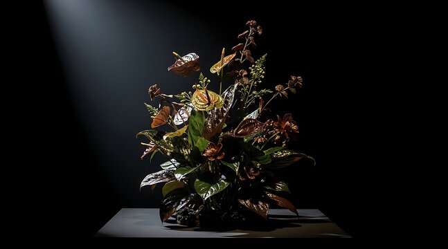 Dark moody floral arrangement with dramatic spotlight and textured background.