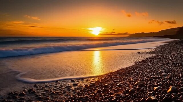 Golden light dances wet pebbles sunset loop waves roll rhythmic across tranquil coastal scene
