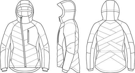 Technical quilted puffer jacket fashion flat sketch asymmetric zipper hooded coat template multi view layout vector illustration © Lakhi
