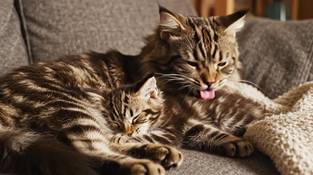 Adorable Maine Coon Cats Cuddling and Grooming on Sofa, Cozy Home Life