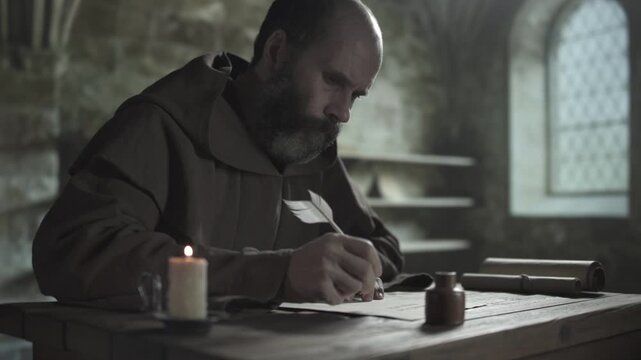 Monastic scribe in a brown habit writing a manuscript with a feather pen on a rough wooden desk next to an inkpot and scrolls, inside a dark library
