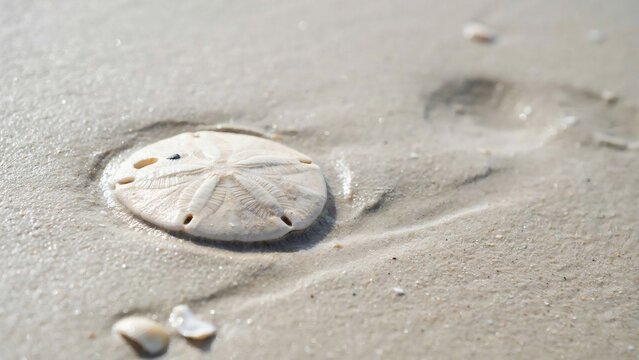 Close-up of a delicate sand dollar resting on soft, sunlit beach sand with tiny shells