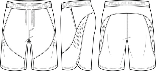 Technical running sports shorts fashion flat sketch multi view mesh panel athletic trunks template front side back view vector illustration © Lakhi